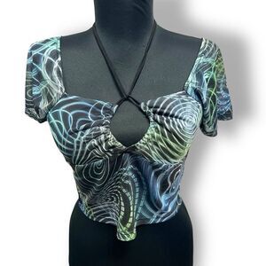 Horoscopez x Dolls Kill y2k inspired mesh stretch crop top sz M